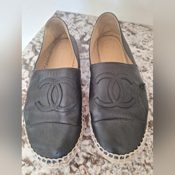 Chanel Black Leather Espadrille Flats Size 37 - Picture 1 of 13